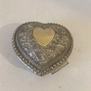 3 1/2" silver tone hinged heart shaped jewelry box gold heart red lining Vintage